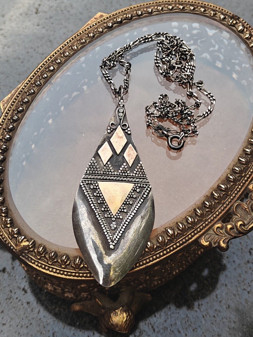 Vintage Ethnic Style Pendant Necklace Silver 925 and Gold Filigree Handmade